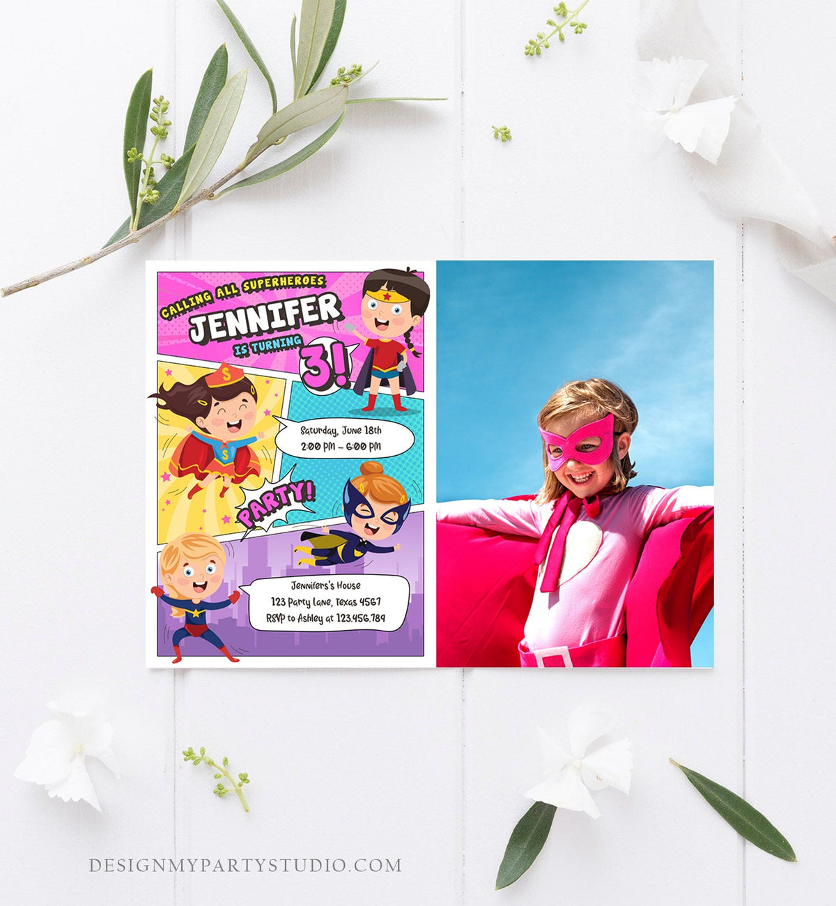 Editable Superheroes Birthday Invitation Comic Book Action Superhero Super Girl Party DC Digital Download Corjl Template Printable 0383