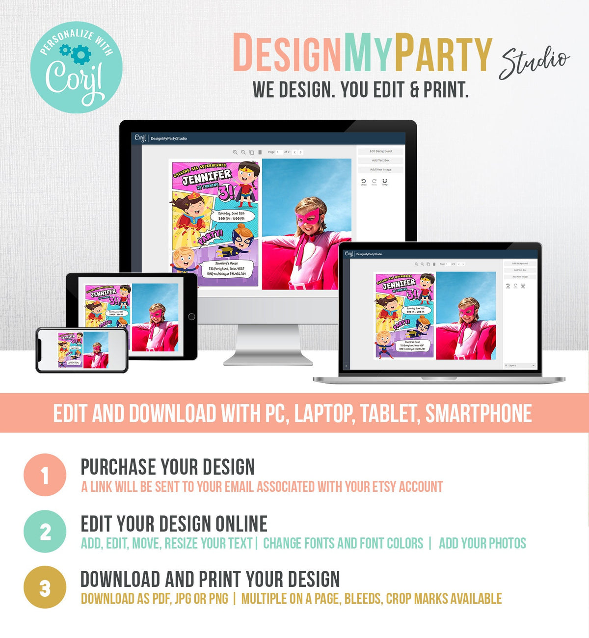 Editable Superheroes Birthday Invitation Comic Book Action Superhero Super Girl Party DC Digital Download Corjl Template Printable 0383