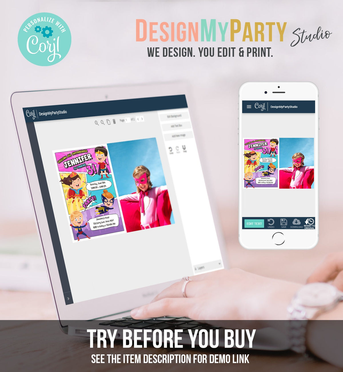 Editable Superheroes Birthday Invitation Comic Book Action Superhero Super Girl Party DC Digital Download Corjl Template Printable 0383