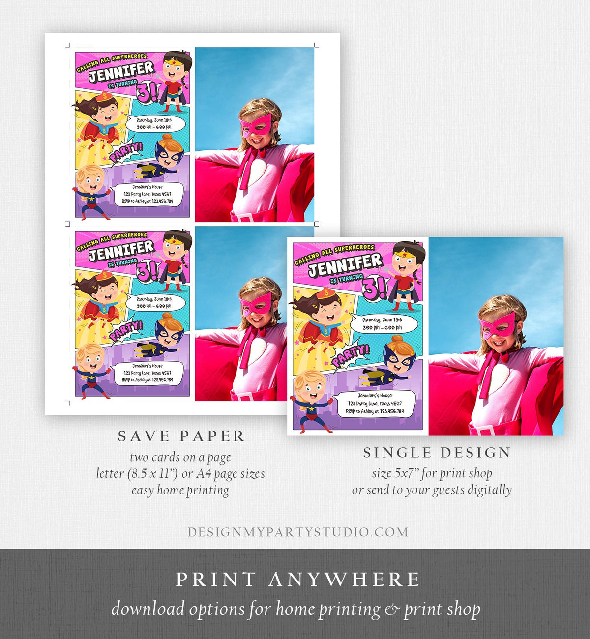 Editable Superheroes Birthday Invitation Comic Book Action Superhero Super Girl Party DC Digital Download Corjl Template Printable 0383