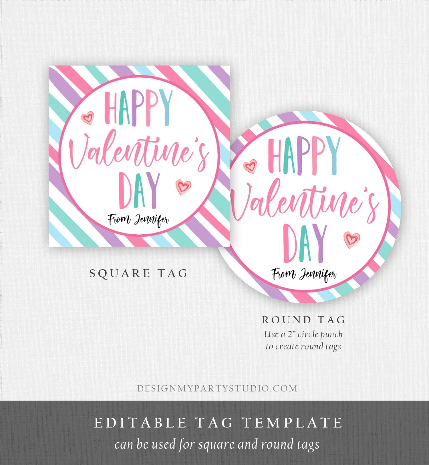 Editable Valentine's Day Cookie Tags Happy Valentine's Day Cookies Tag Sticker Pink Purple Teal Valentines Day Labels Digital PRINTABLE 0370