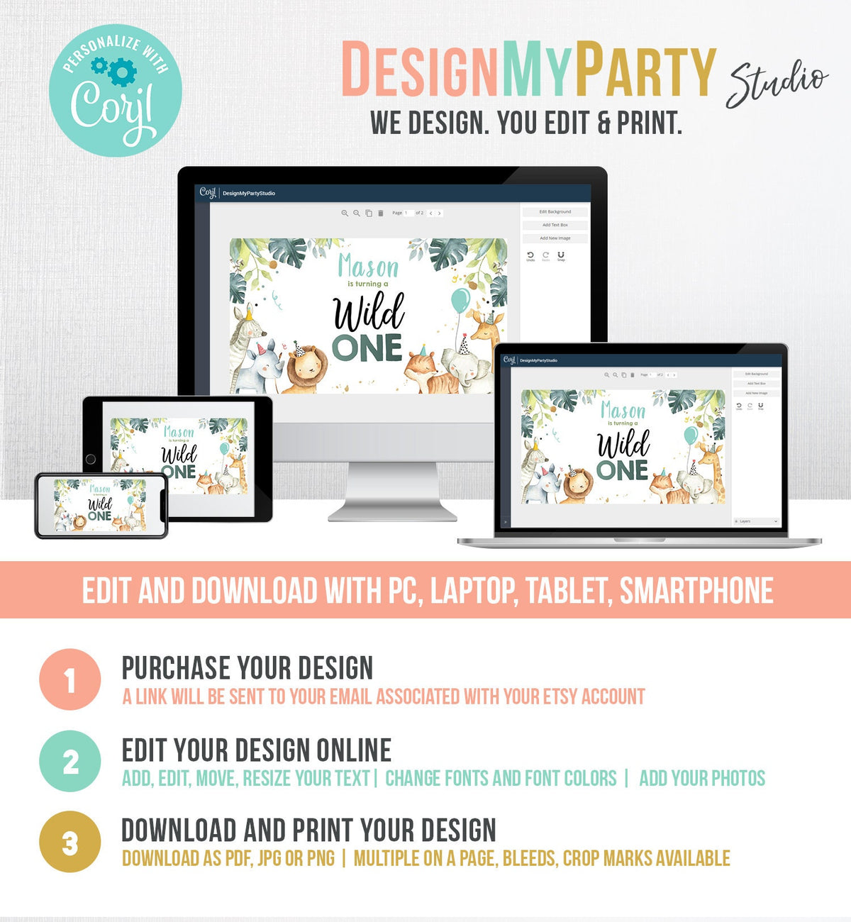 Editable Wild One Safari Animals Birthday Gable Gift Box Labels Watercolor Party Animals Boy Gold First Birthday 1st Digital Corjl 0163