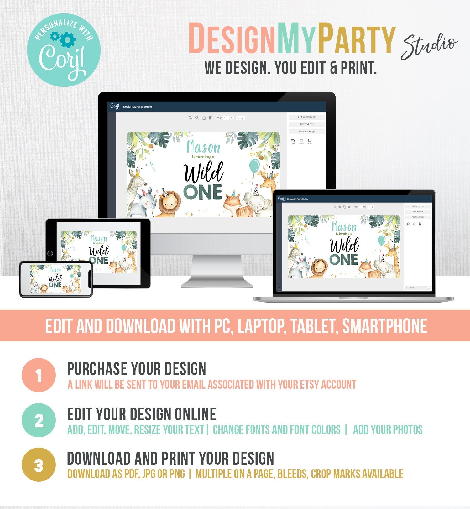 Editable Wild One Safari Animals Birthday Gable Gift Box Labels Watercolor Party Animals Boy Gold First Birthday 1st Digital Corjl 0163