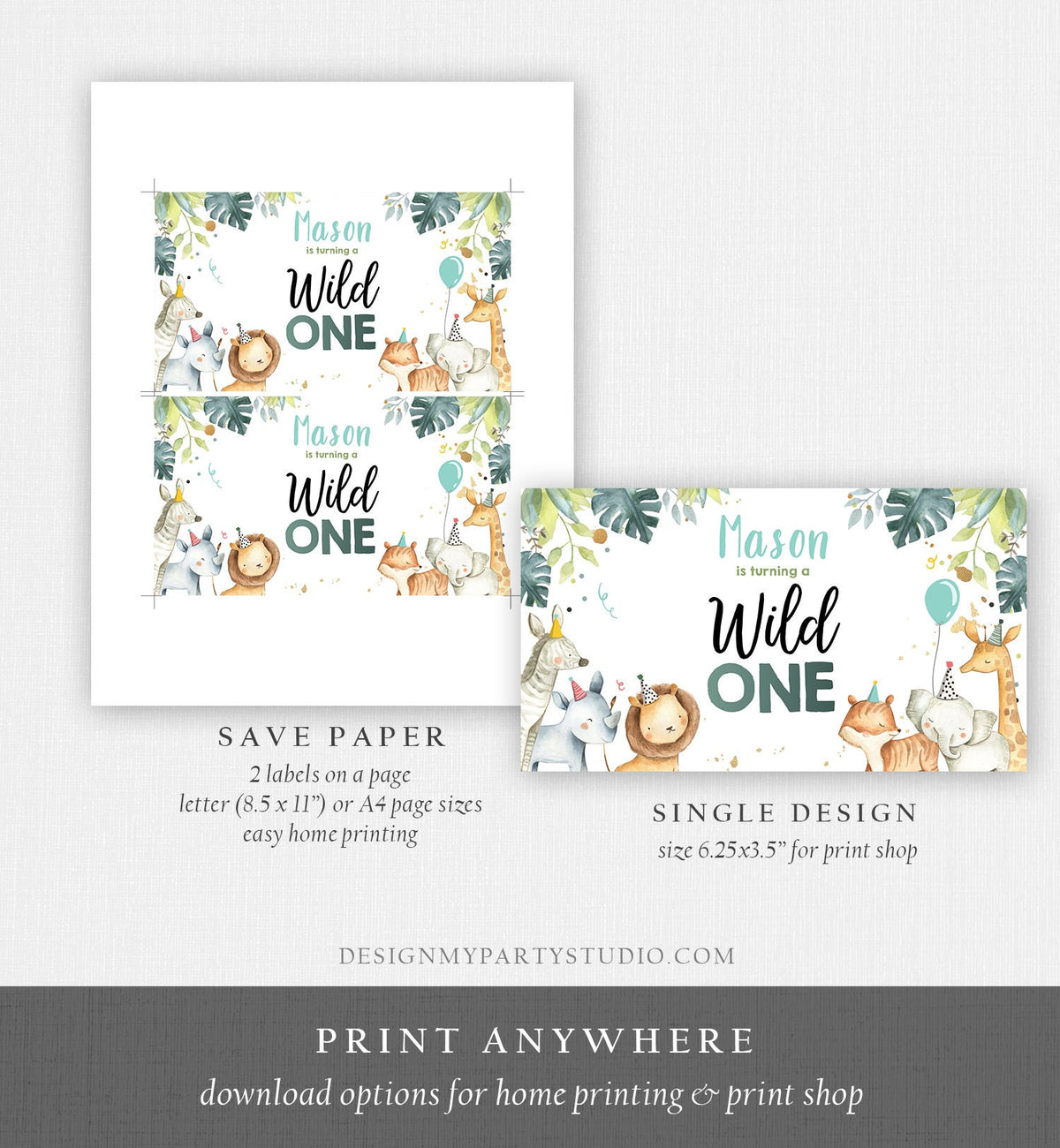 Editable Wild One Safari Animals Birthday Gable Gift Box Labels Watercolor Party Animals Boy Gold First Birthday 1st Digital Corjl 0163