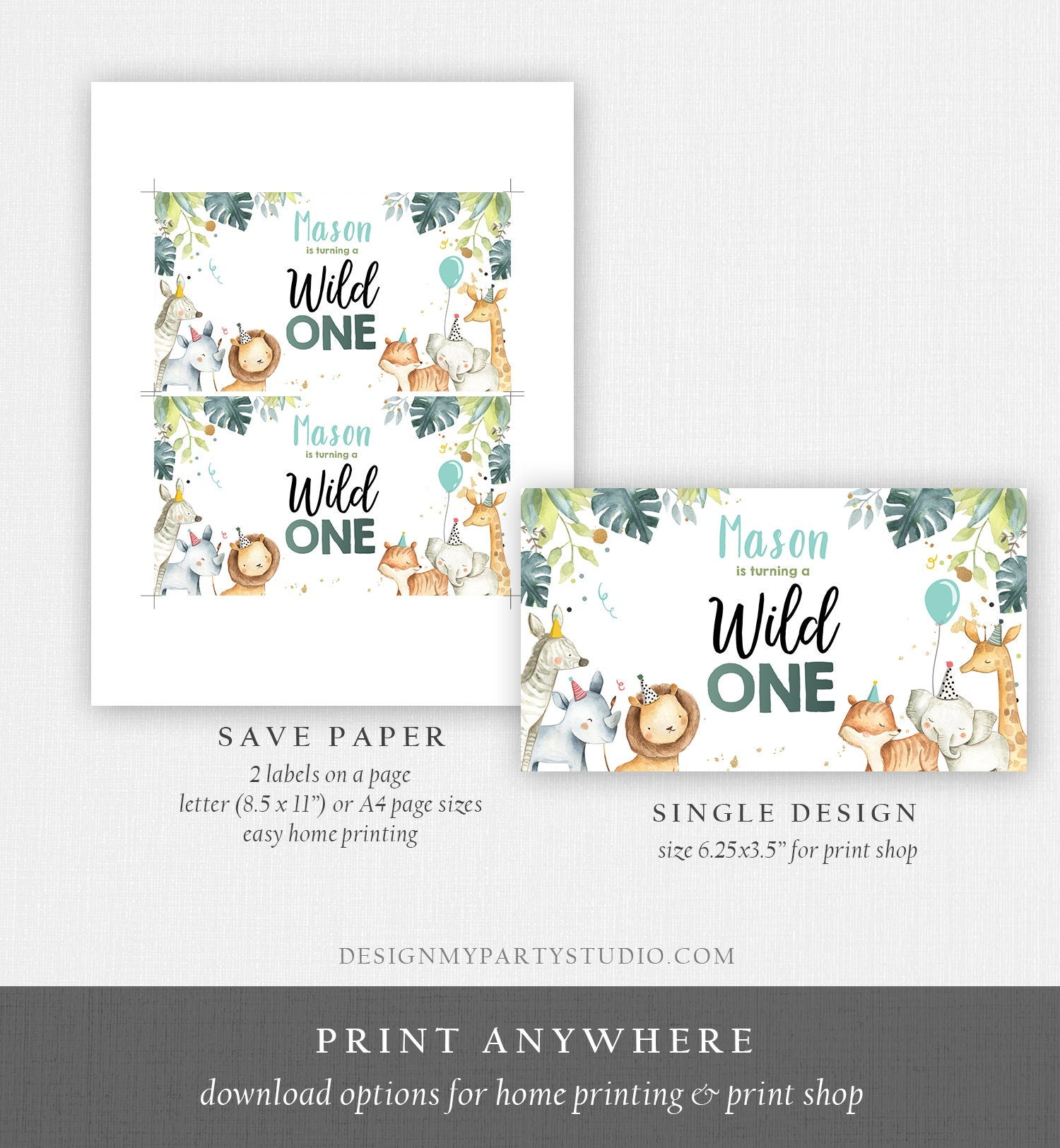 Editable Wild One Safari Animals Birthday Gable Gift Box Labels Watercolor Party Animals Boy Gold First Birthday 1st Digital Corjl 0163