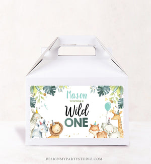 Editable Wild One Safari Animals Birthday Gable Gift Box Labels Watercolor Party Animals Boy Gold First Birthday 1st Digital Corjl 0163