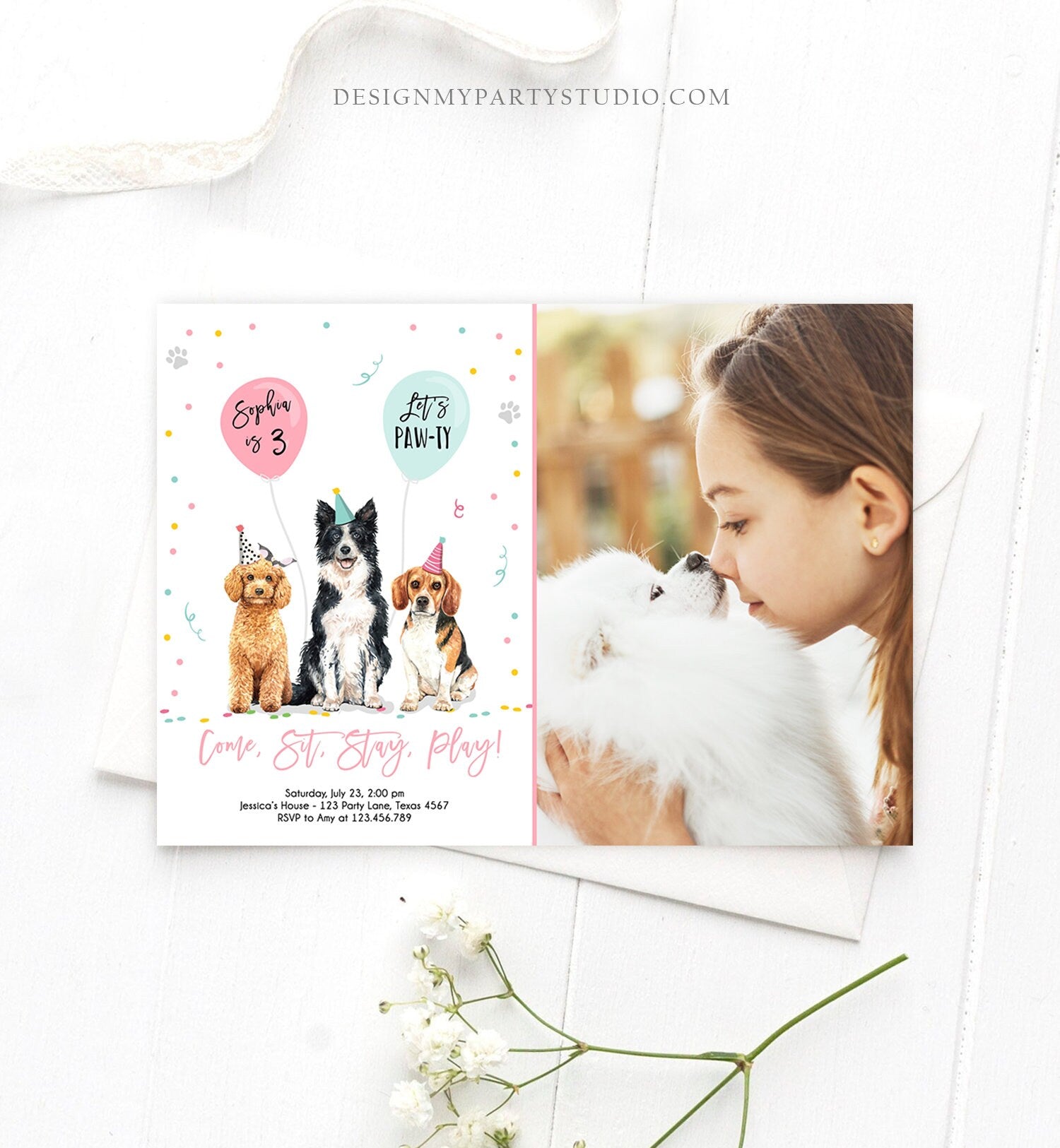 Editable Dog Birthday Party Invitation Puppy Birthday Invite Pink Girl Doggy Shelter Animal Pet Vet Download Printable Template Corjl 0384