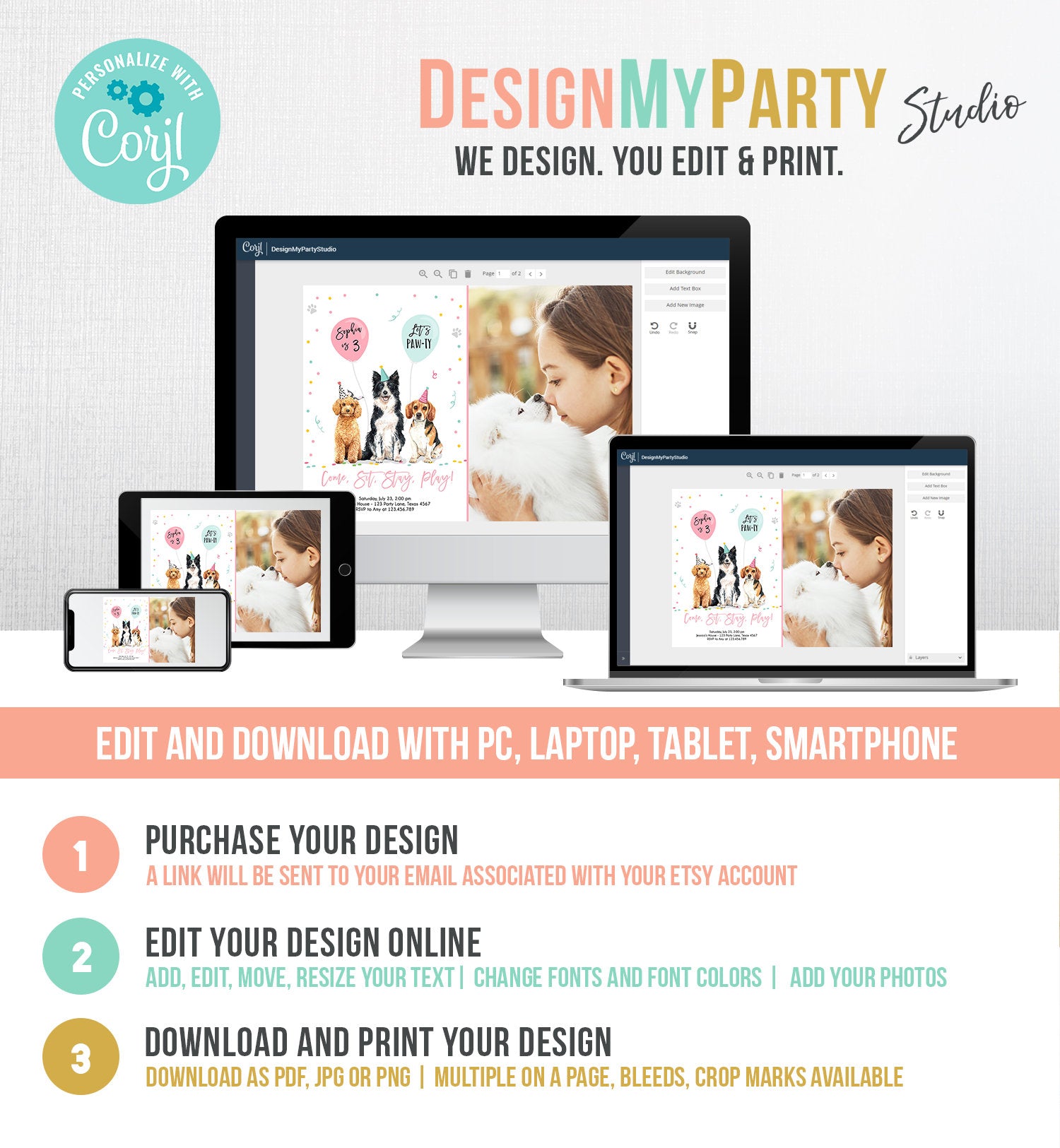 Editable Dog Birthday Party Invitation Puppy Birthday Invite Pink Girl Doggy Shelter Animal Pet Vet Download Printable Template Corjl 0384