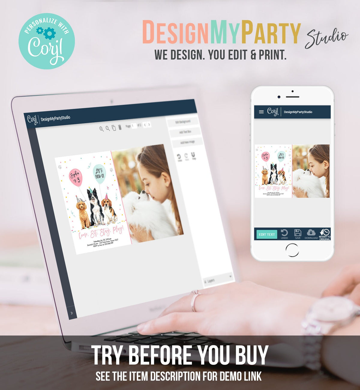 Editable Dog Birthday Party Invitation Puppy Birthday Invite Pink Girl Doggy Shelter Animal Pet Vet Download Printable Template Corjl 0384