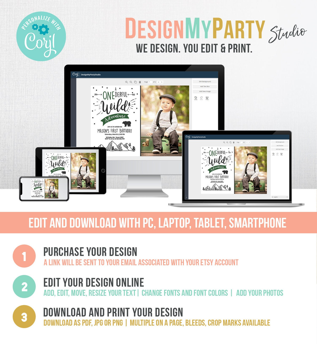 Editable A Onederful Wild Adventure First Birthday Invitation Photo Wild Things Boy Mountains Bear Outdoor Hunter Green Corjl Template 0083