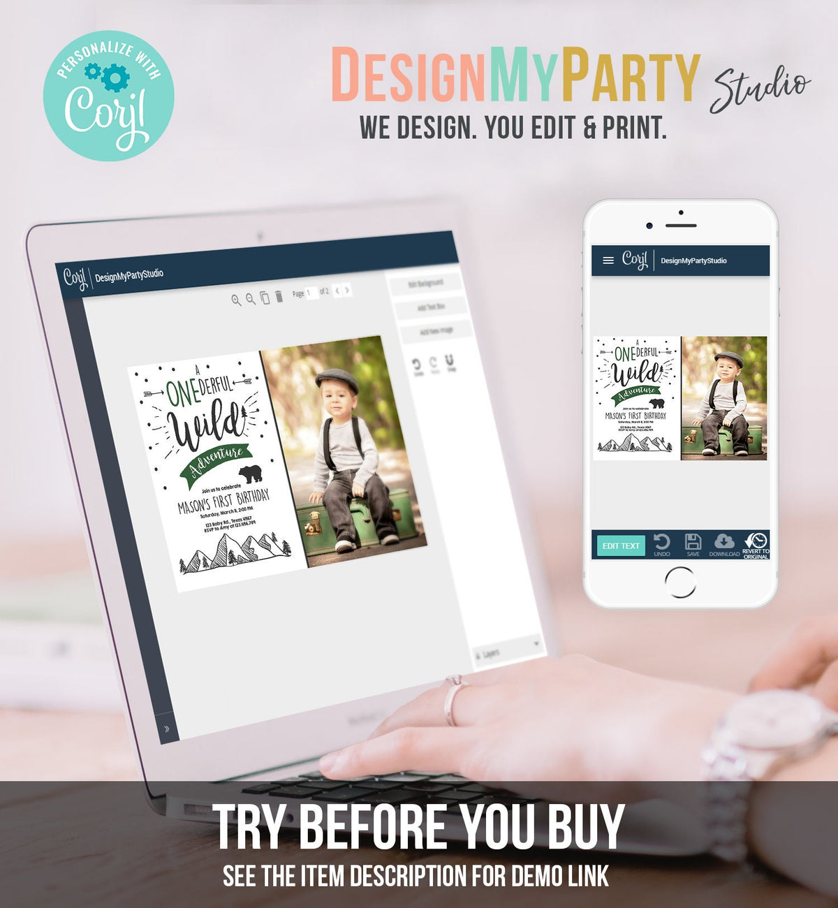 Editable A Onederful Wild Adventure First Birthday Invitation Photo Wild Things Boy Mountains Bear Outdoor Hunter Green Corjl Template 0083