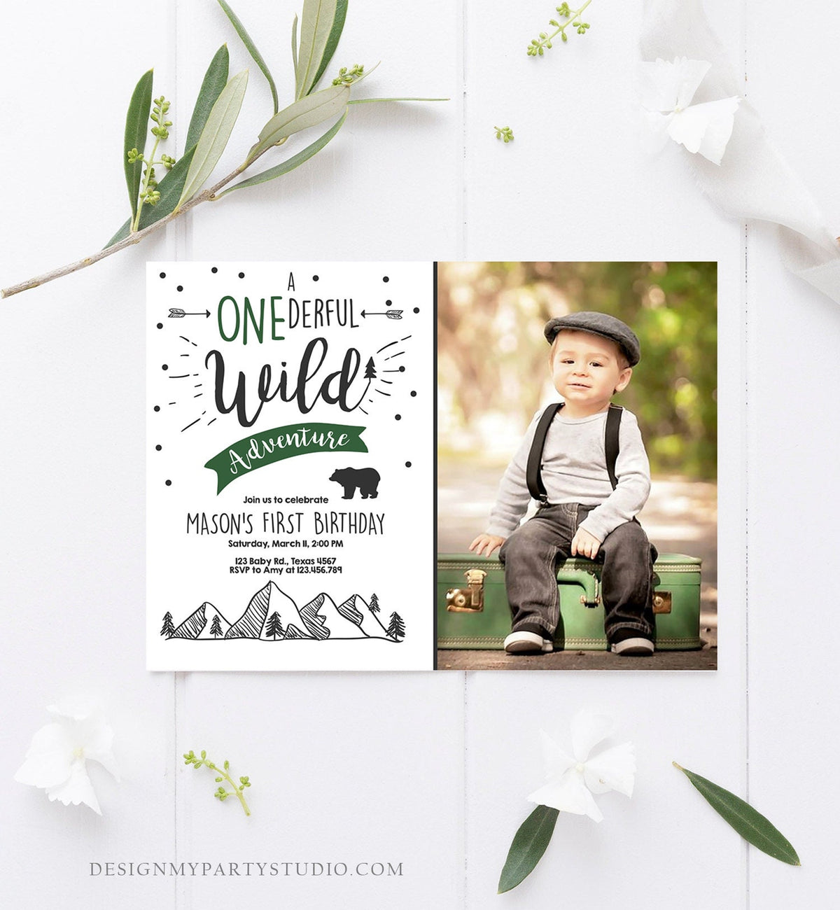 Editable A Onederful Wild Adventure First Birthday Invitation Photo Wild Things Boy Mountains Bear Outdoor Hunter Green Corjl Template 0083