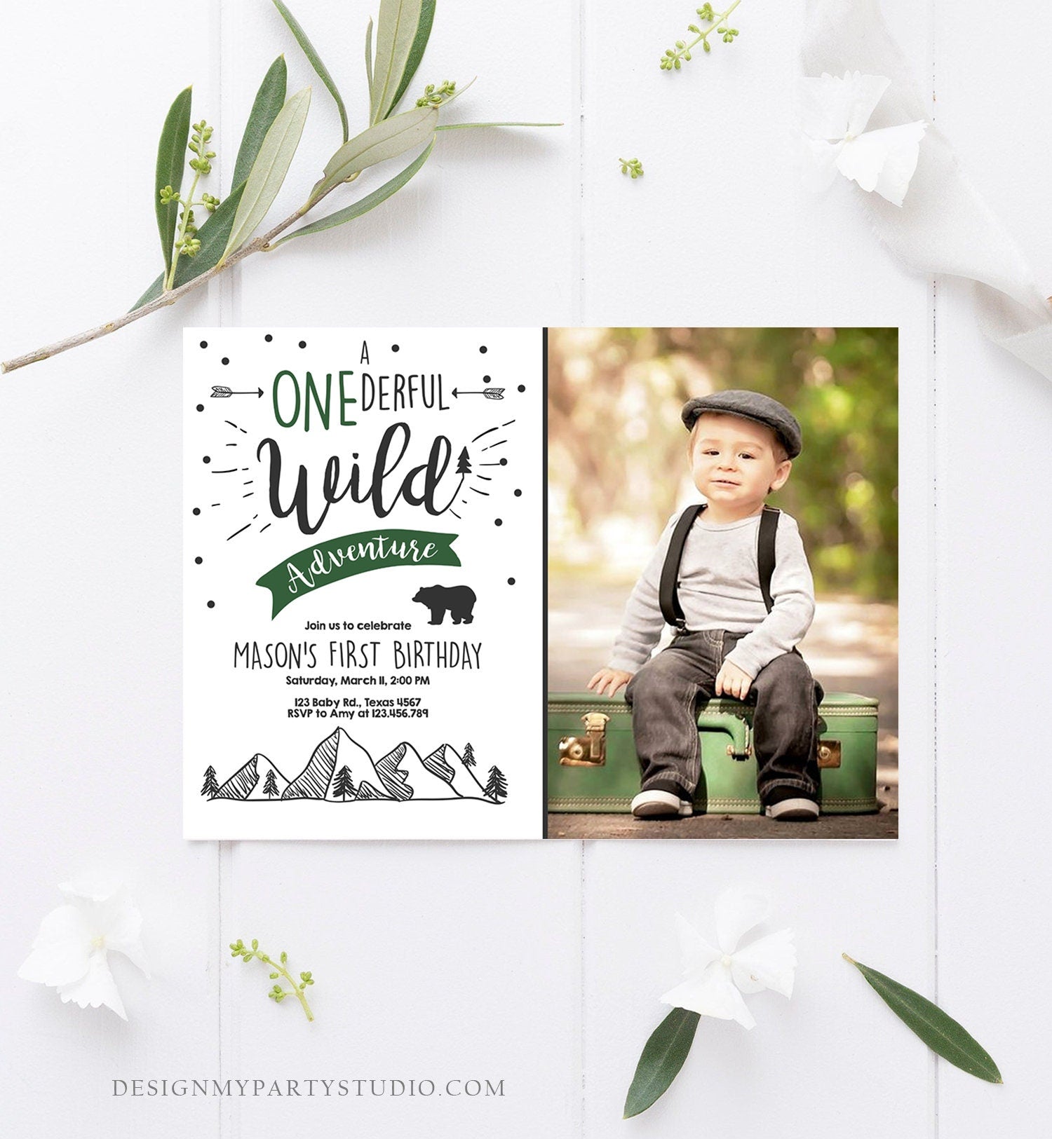 Editable A Onederful Wild Adventure First Birthday Invitation Photo Wild Things Boy Mountains Bear Outdoor Hunter Green Corjl Template 0083
