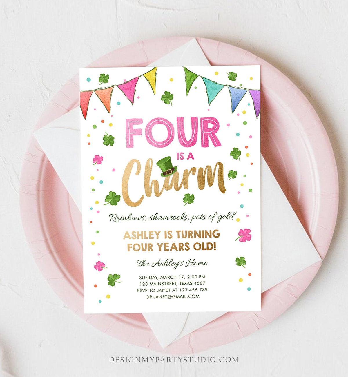 Editable St. Patrick&#39;s Day Birthday Invitation Shamrock Clover St Patricks Day Fourth Birthday 4th Girl Printable Invite Template Corjl 0115