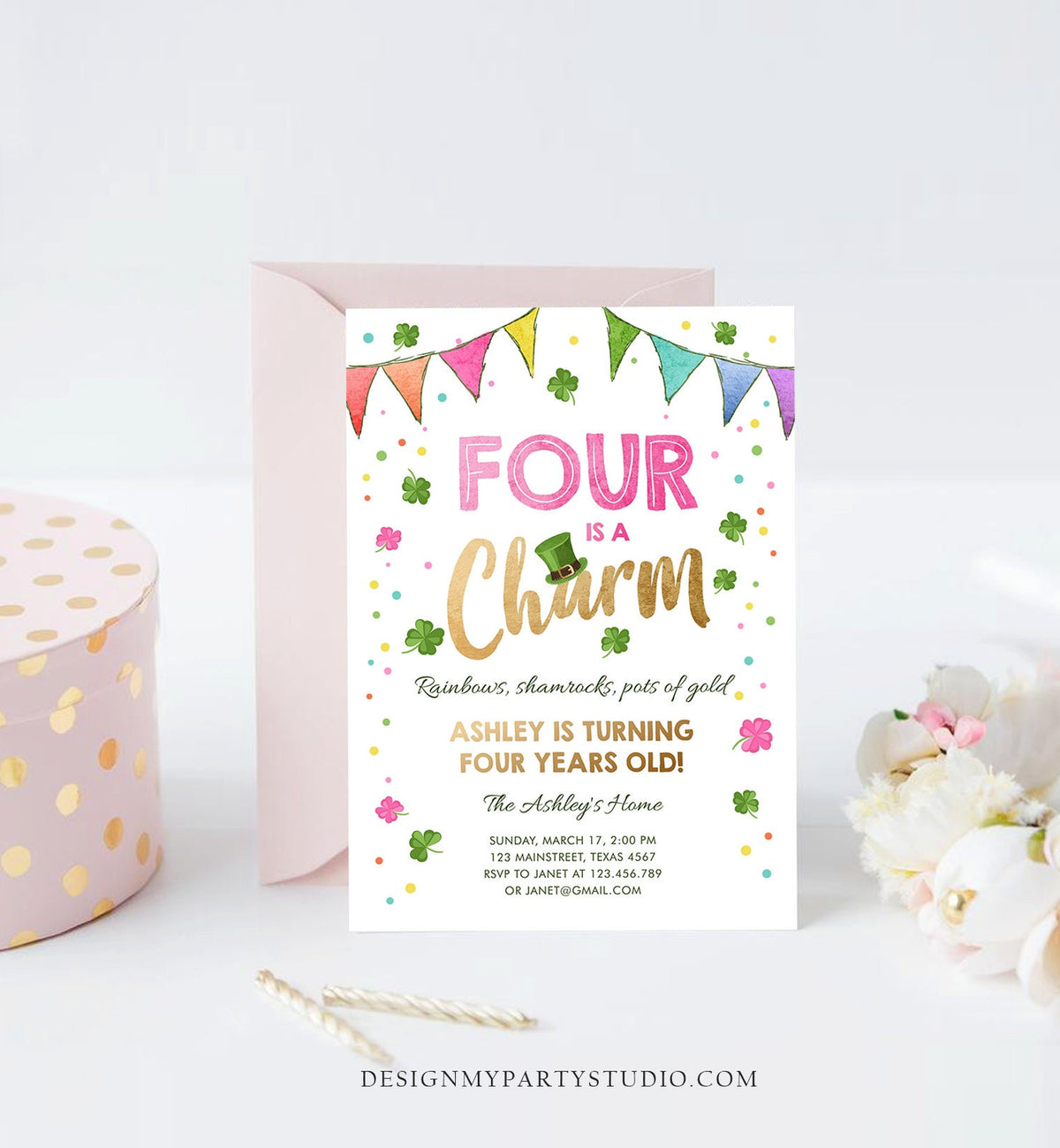 Editable St. Patrick&#39;s Day Birthday Invitation Shamrock Clover St Patricks Day Fourth Birthday 4th Girl Printable Invite Template Corjl 0115