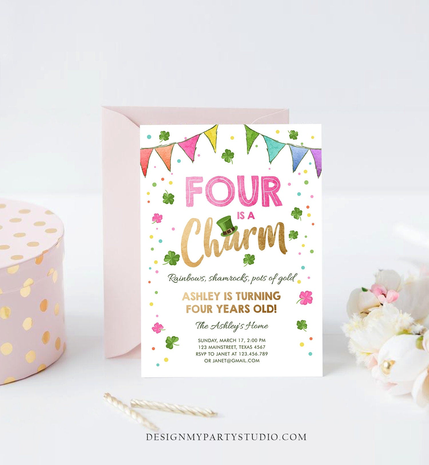 Editable St. Patrick's Day Birthday Invitation Shamrock Clover St Patricks Day Fourth Birthday 4th Girl Printable Invite Template Corjl 0115