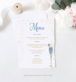 Editable Brunch and Bubbly Menu Card Bridal Shower Blue Champagne Gold Confetti Wedding Menu Floral Download Corjl Template Printable 0150