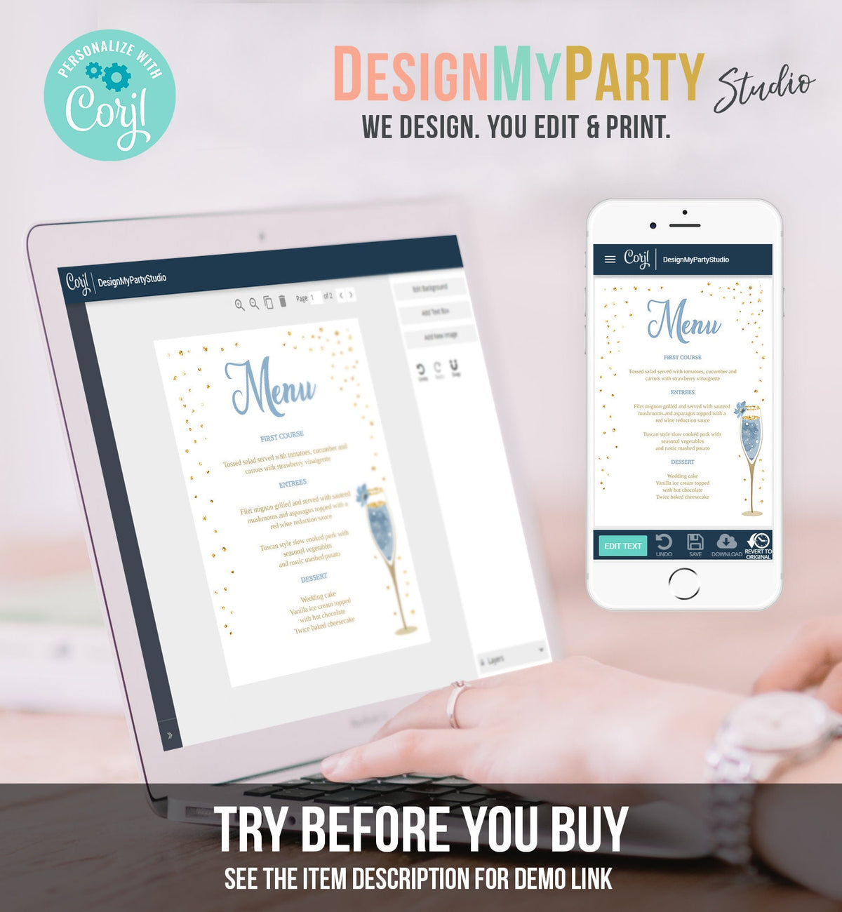 Editable Brunch and Bubbly Menu Card Bridal Shower Blue Champagne Gold Confetti Wedding Menu Floral Download Corjl Template Printable 0150