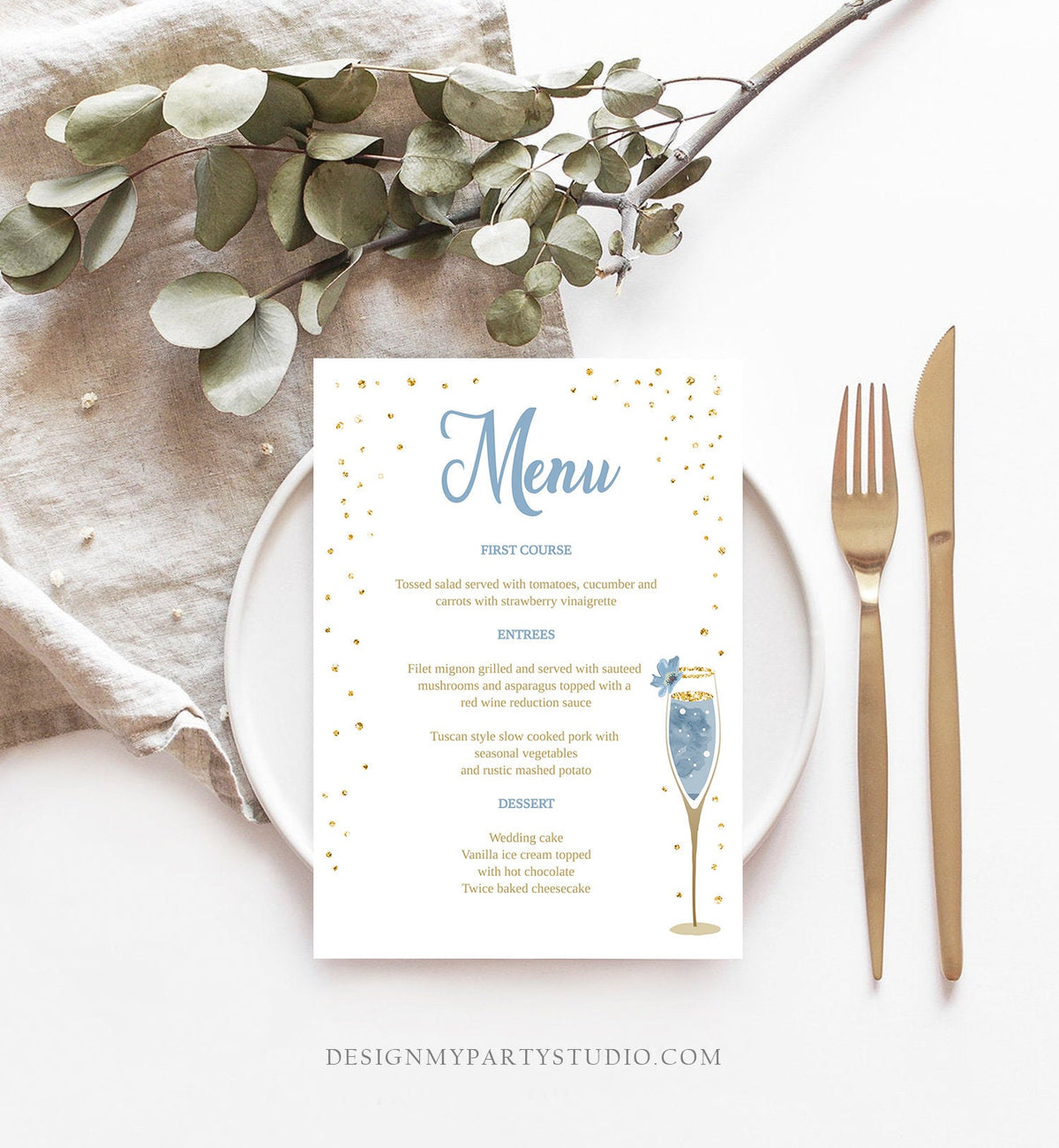 Editable Brunch and Bubbly Menu Card Bridal Shower Blue Champagne Gold Confetti Wedding Menu Floral Download Corjl Template Printable 0150