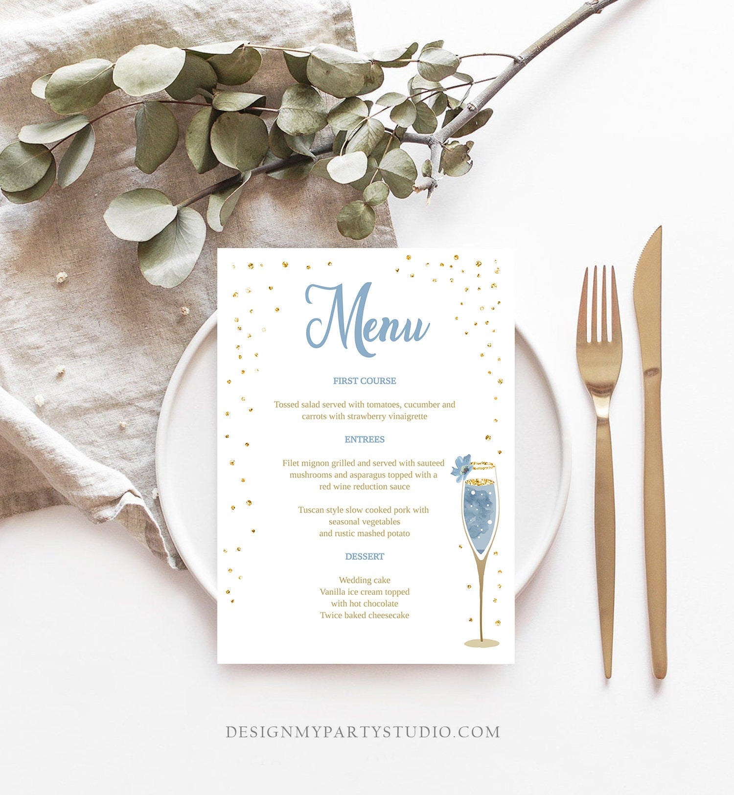 Editable Brunch and Bubbly Menu Card Bridal Shower Blue Champagne Gold Confetti Wedding Menu Floral Download Corjl Template Printable 0150