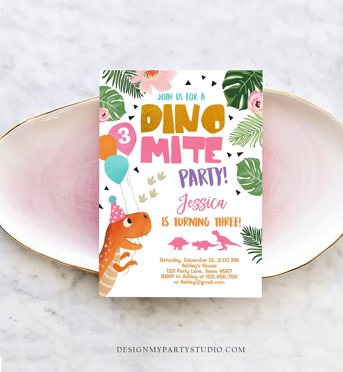 Editable Gold Dinosaur Birthday Invitation ANY AGE Dino Party T-Rex Prehistoric Rawr Girl Pink Gold Download Printable Corjl Template 0074