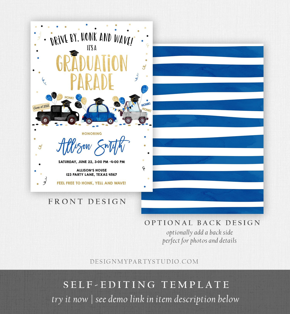 Editable Drive By Graduation Parade Invitation Virtual Party Navy Blue Girl Boy Graduate High School Grad Class 2021 Digital Corjl 0337