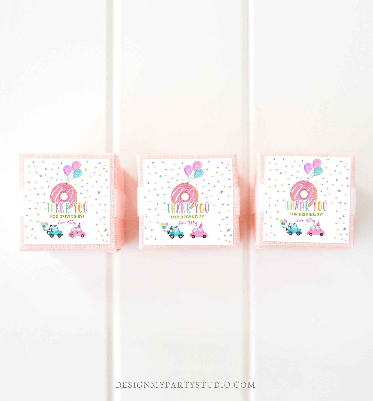 Editable Donut Drive By Favor Tag Drive By Birthday Parade Thank You Gift Tags Donut Sweet One Party Girl Round Sticker Corjl Template 0343