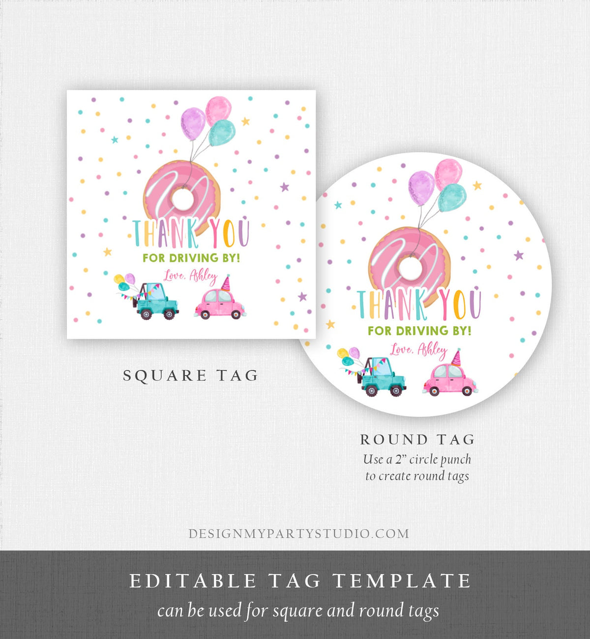 Editable Donut Drive By Favor Tag Drive By Birthday Parade Thank You Gift Tags Donut Sweet One Party Girl Round Sticker Corjl Template 0343