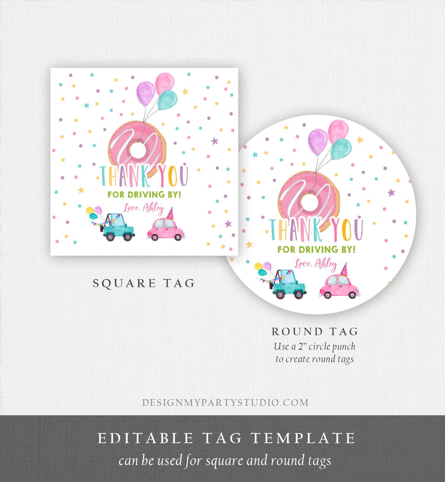 Editable Donut Drive By Favor Tag Drive By Birthday Parade Thank You Gift Tags Donut Sweet One Party Girl Round Sticker Corjl Template 0343