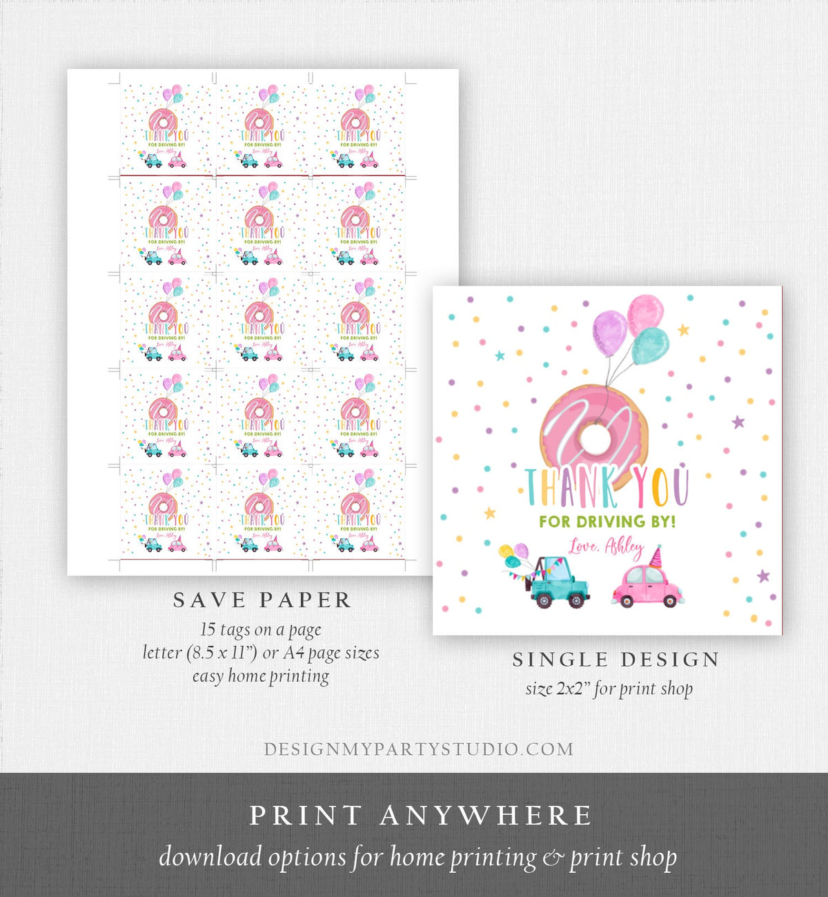 Editable Donut Drive By Favor Tag Drive By Birthday Parade Thank You Gift Tags Donut Sweet One Party Girl Round Sticker Corjl Template 0343