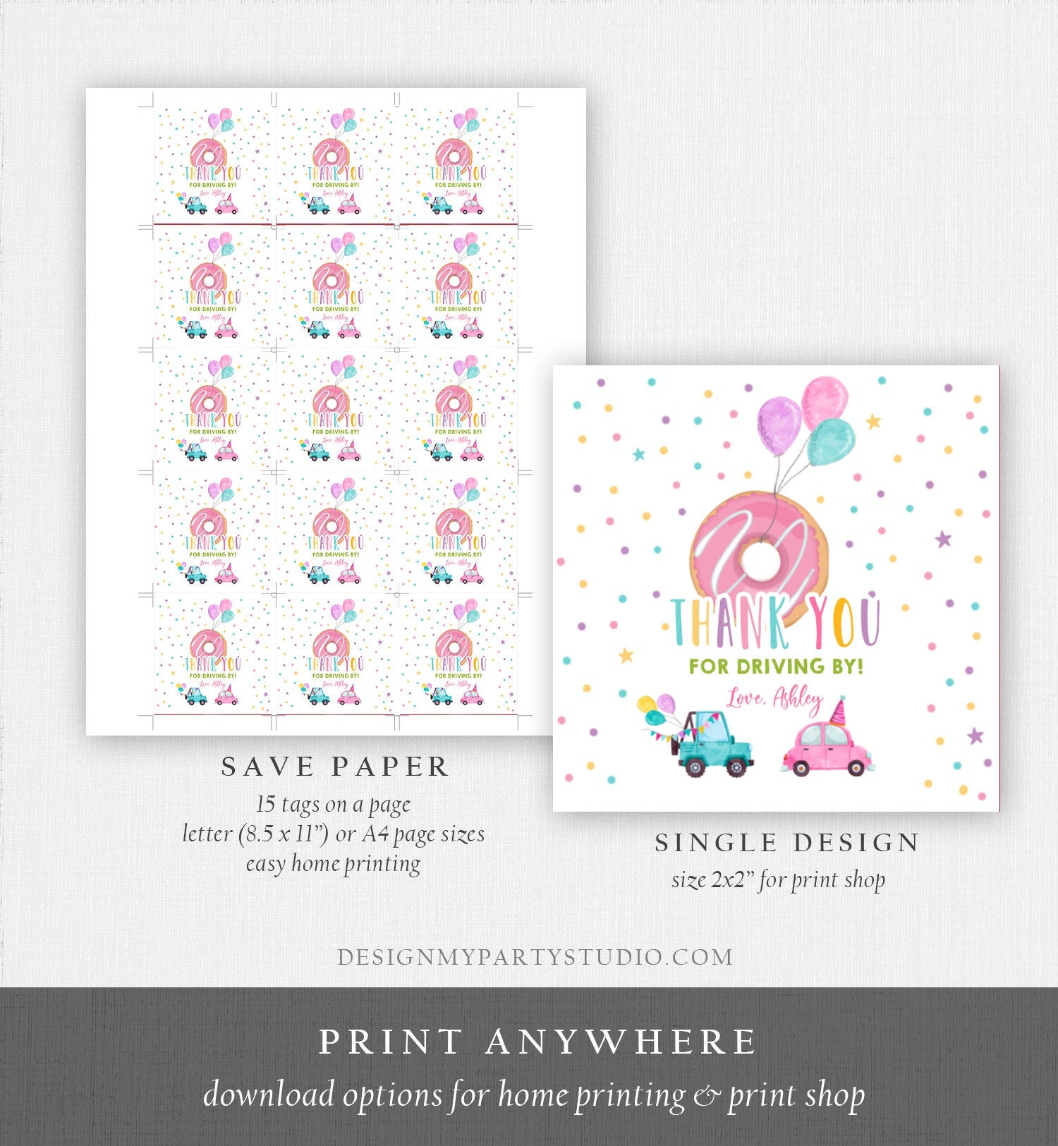 Editable Donut Drive By Favor Tag Drive By Birthday Parade Thank You Gift Tags Donut Sweet One Party Girl Round Sticker Corjl Template 0343