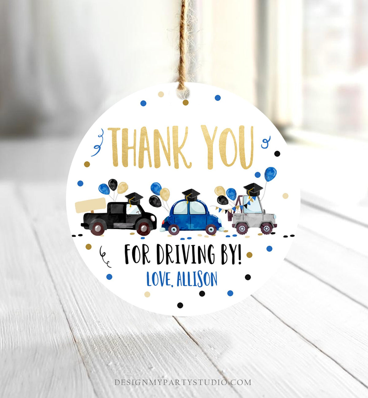 Editable Drive By Favor Tag Drive Through Graduation Parade Thank You Gift Tags Quarantine Navy Blue High School Grad Graduate Corjl 0337