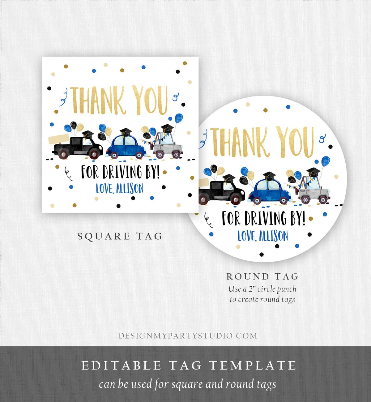 Editable Drive By Favor Tag Drive Through Graduation Parade Thank You Gift Tags Quarantine Navy Blue High School Grad Graduate Corjl 0337