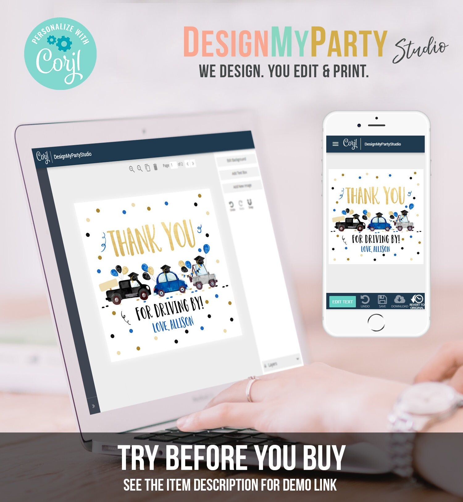 Editable Drive By Favor Tag Drive Through Graduation Parade Thank You Gift Tags Quarantine Navy Blue High School Grad Graduate Corjl 0337