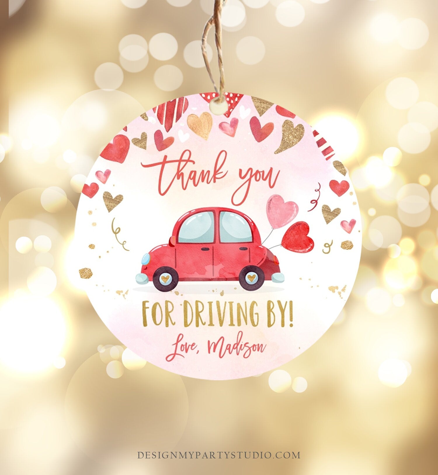 Editable Drive By Favor Tag Valentine Hearts Birthday Parade Drive Through Favors Party Thank You Red Pink Car Corjl Template Printable 0371