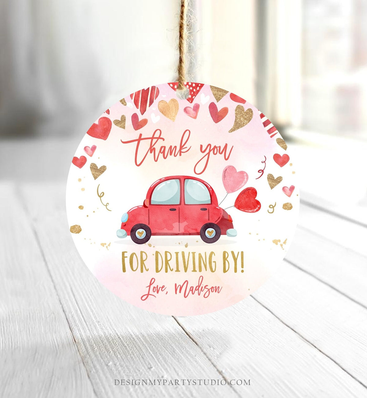 Editable Drive By Favor Tag Valentine Hearts Birthday Parade Drive Through Favors Party Thank You Red Pink Car Corjl Template Printable 0371
