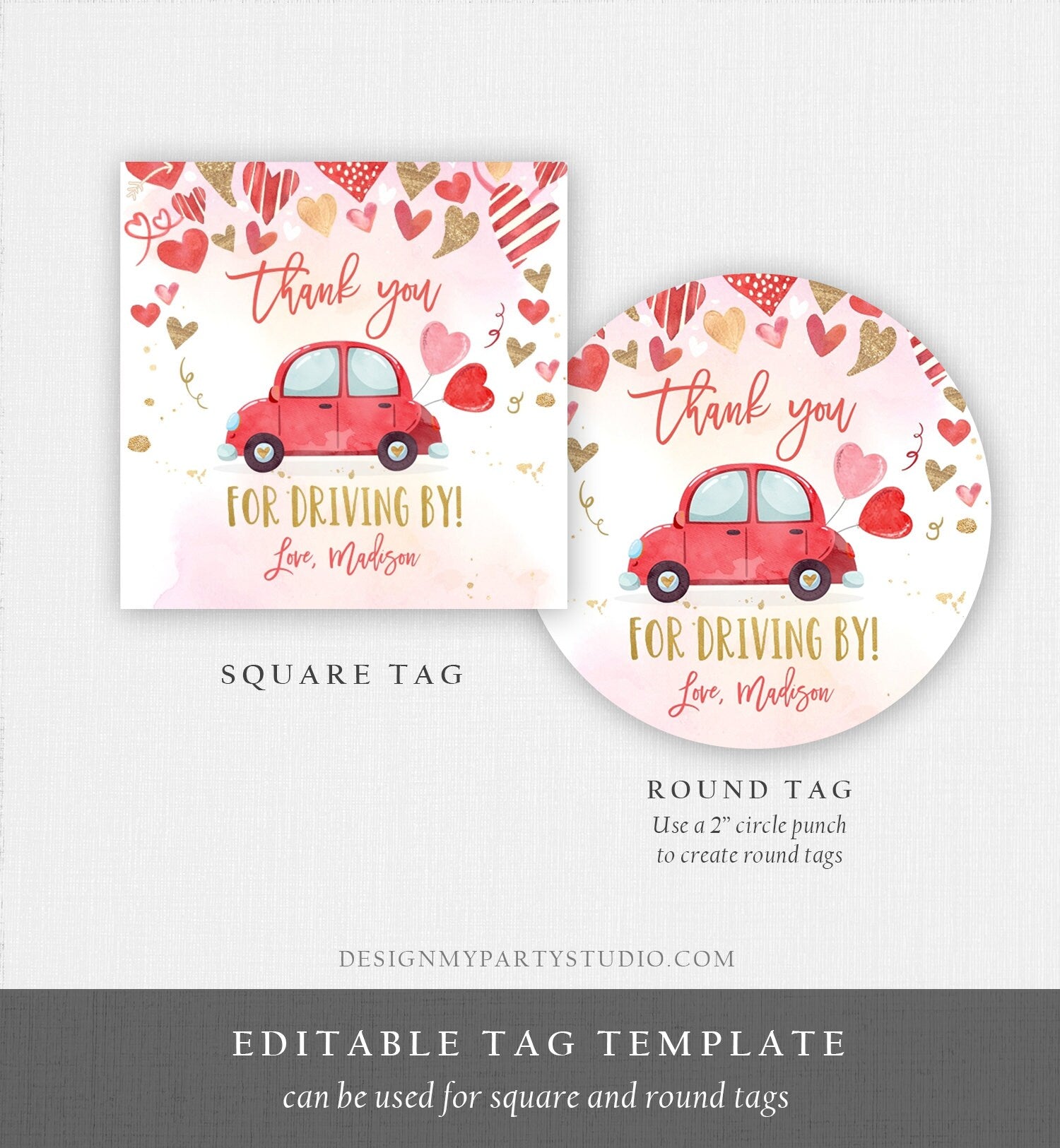 Editable Drive By Favor Tag Valentine Hearts Birthday Parade Drive Through Favors Party Thank You Red Pink Car Corjl Template Printable 0371