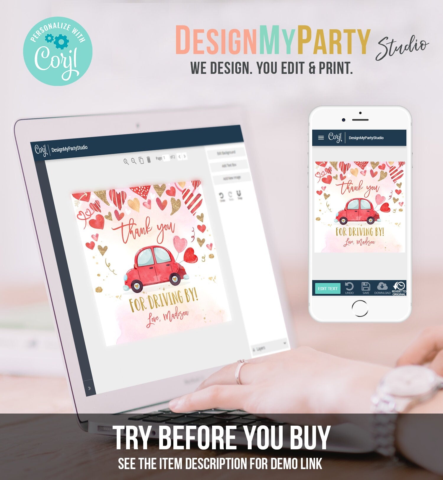 Editable Drive By Favor Tag Valentine Hearts Birthday Parade Drive Through Favors Party Thank You Red Pink Car Corjl Template Printable 0371