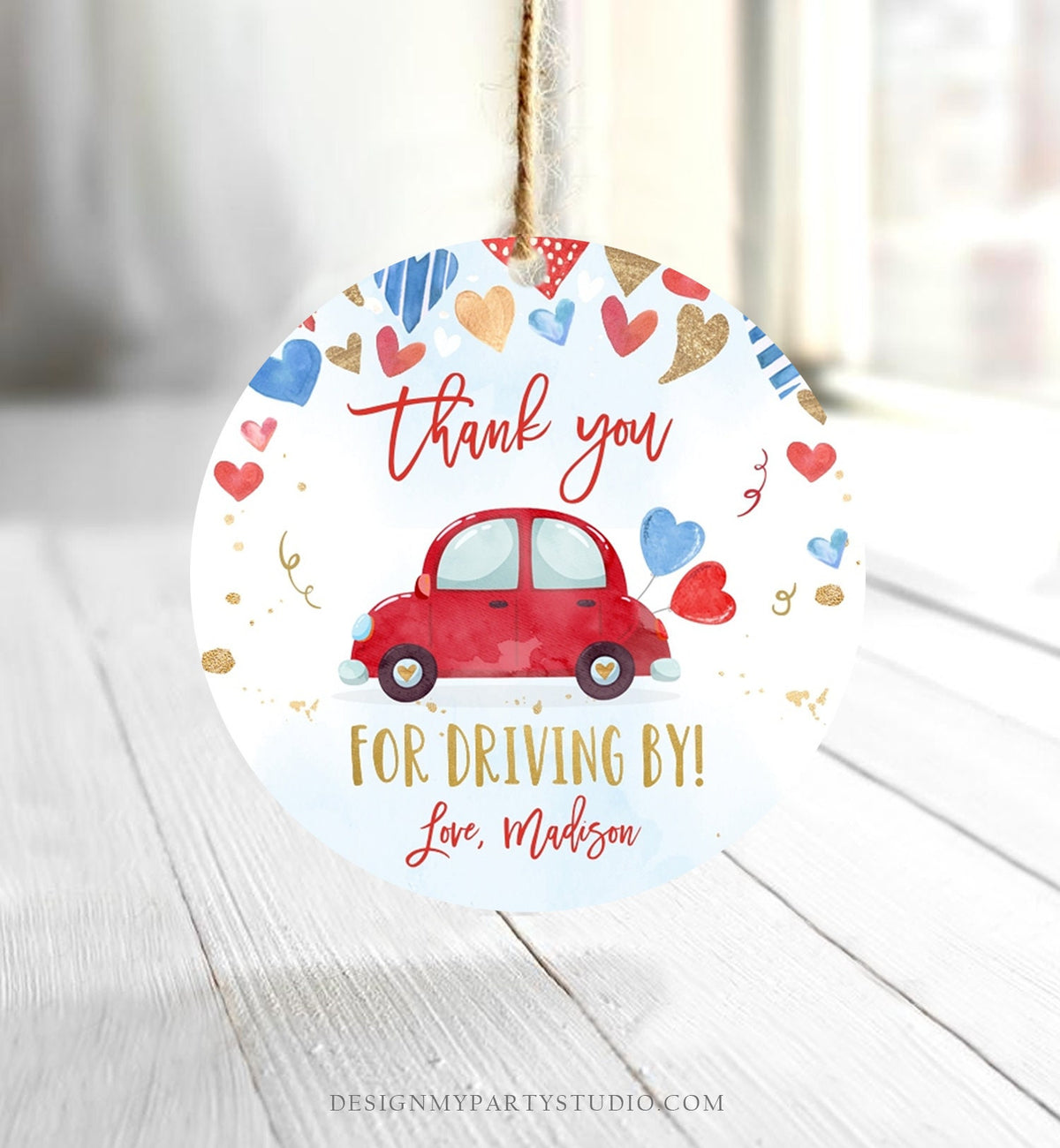Editable Drive By Favor Tag Valentine Hearts Birthday Parade Drive Through Favors Party Thank You Red Blue Car Corjl Template Printable 0371