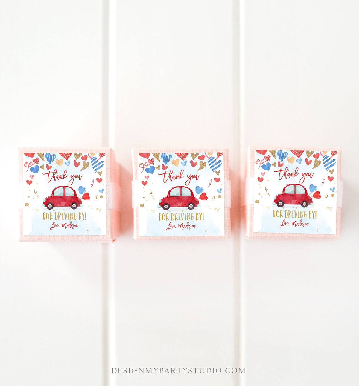 Editable Drive By Favor Tag Valentine Hearts Birthday Parade Drive Through Favors Party Thank You Red Blue Car Corjl Template Printable 0371