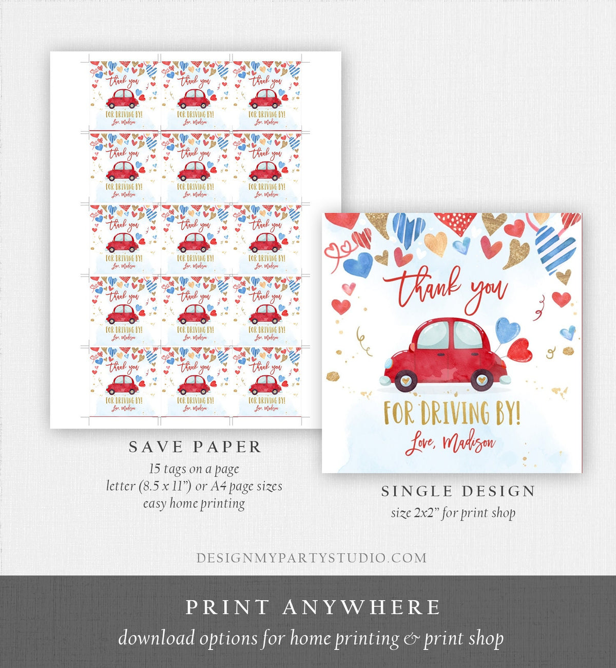 Editable Drive By Favor Tag Valentine Hearts Birthday Parade Drive Through Favors Party Thank You Red Blue Car Corjl Template Printable 0371