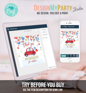Editable Drive By Favor Tag Valentine Hearts Birthday Parade Drive Through Favors Party Thank You Red Blue Car Corjl Template Printable 0371