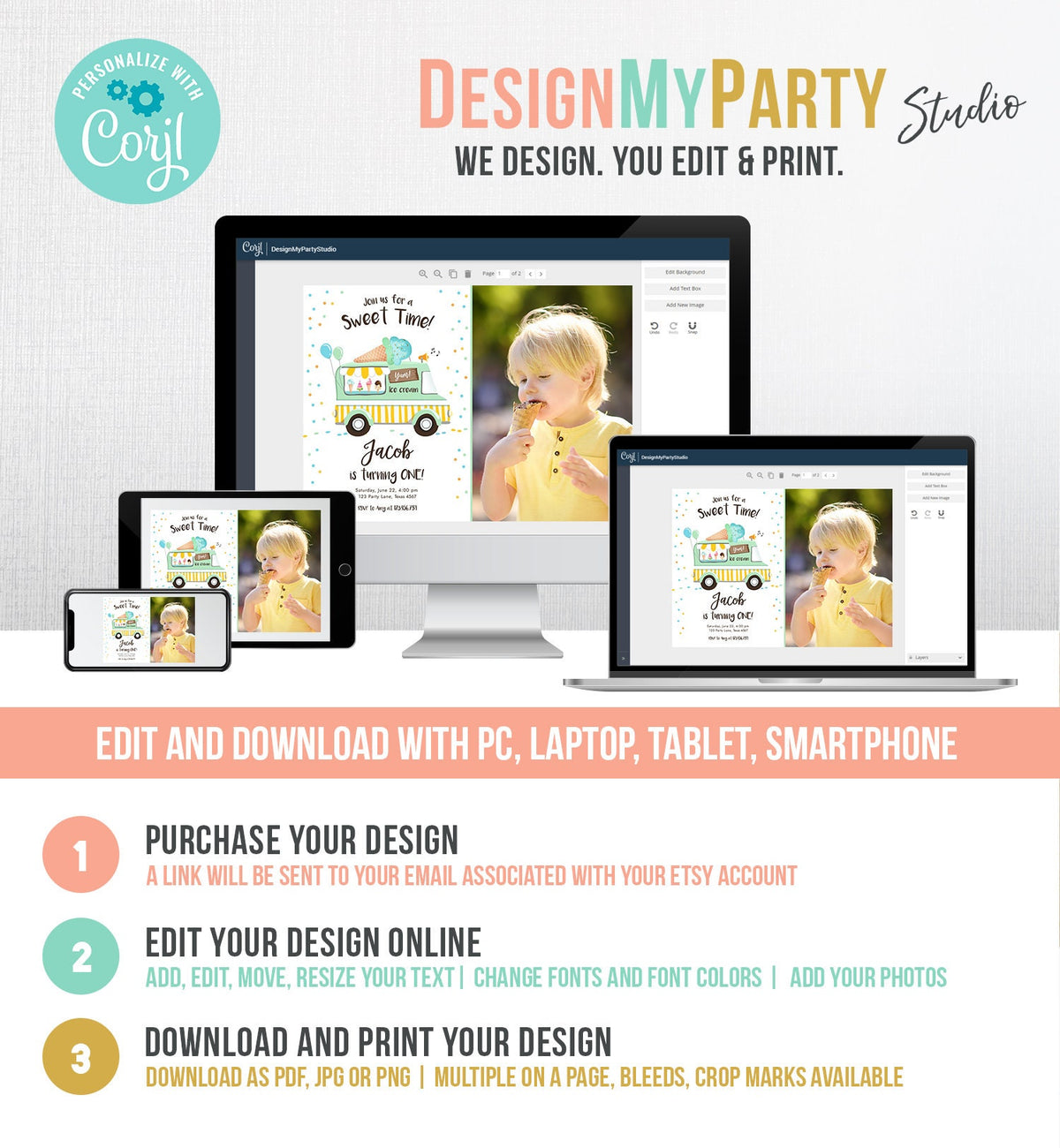 Editable Ice Cream Truck Birthday Invitation Ice Cream Birthday Party Cone Boy Girl Mint Yellow Summer Twin Corjl Template Printable 0243