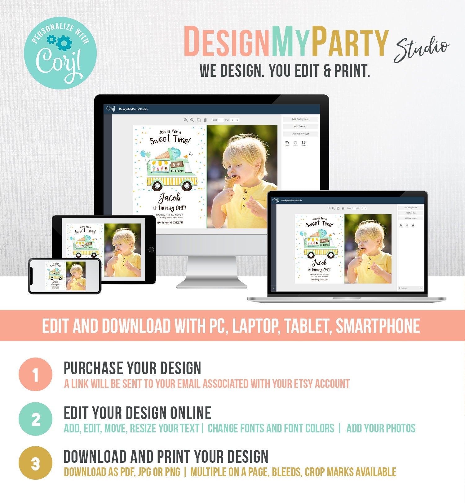 Editable Ice Cream Truck Birthday Invitation Ice Cream Birthday Party Cone Boy Girl Mint Yellow Summer Twin Corjl Template Printable 0243