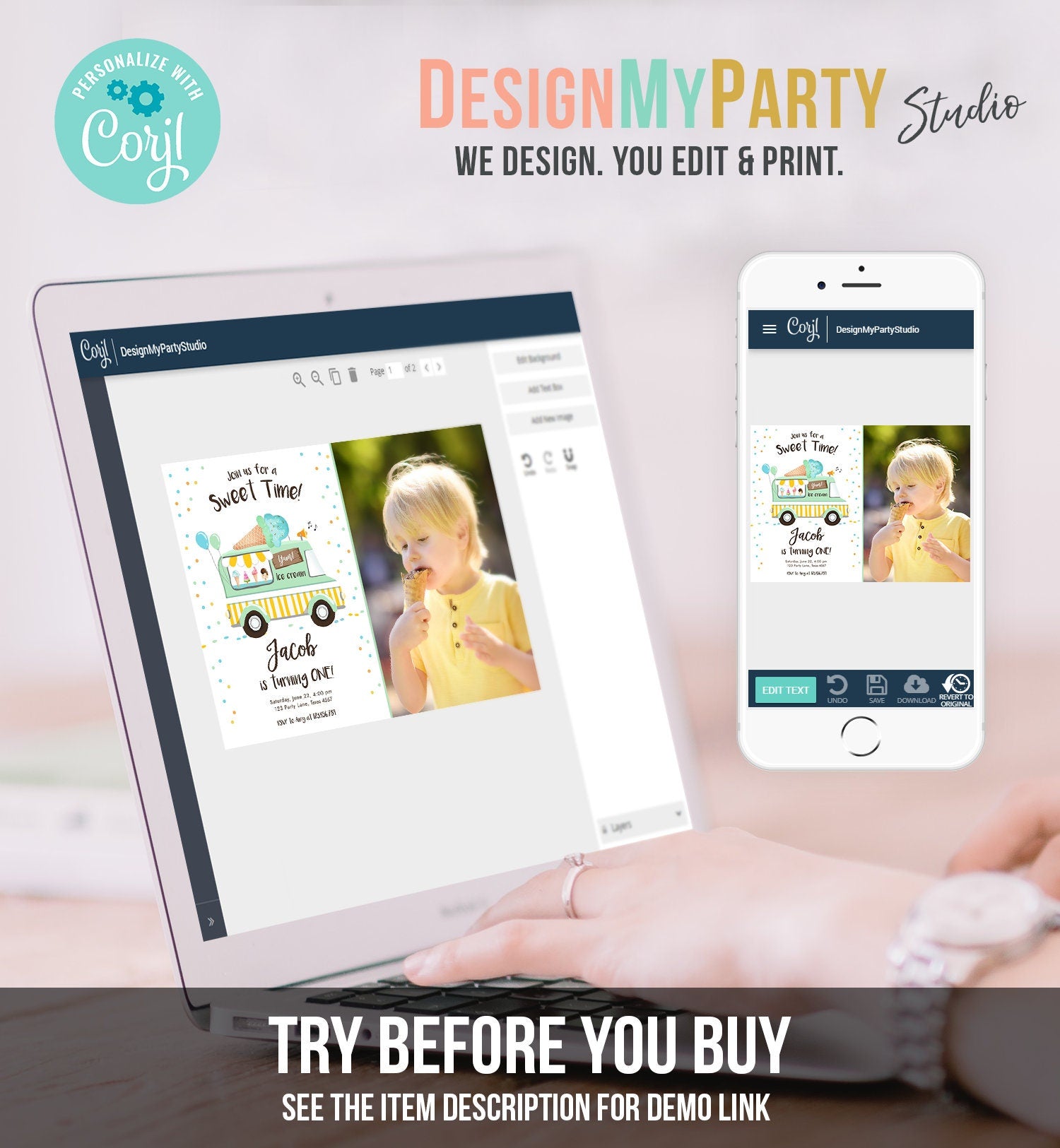 Editable Ice Cream Truck Birthday Invitation Ice Cream Birthday Party Cone Boy Girl Mint Yellow Summer Twin Corjl Template Printable 0243