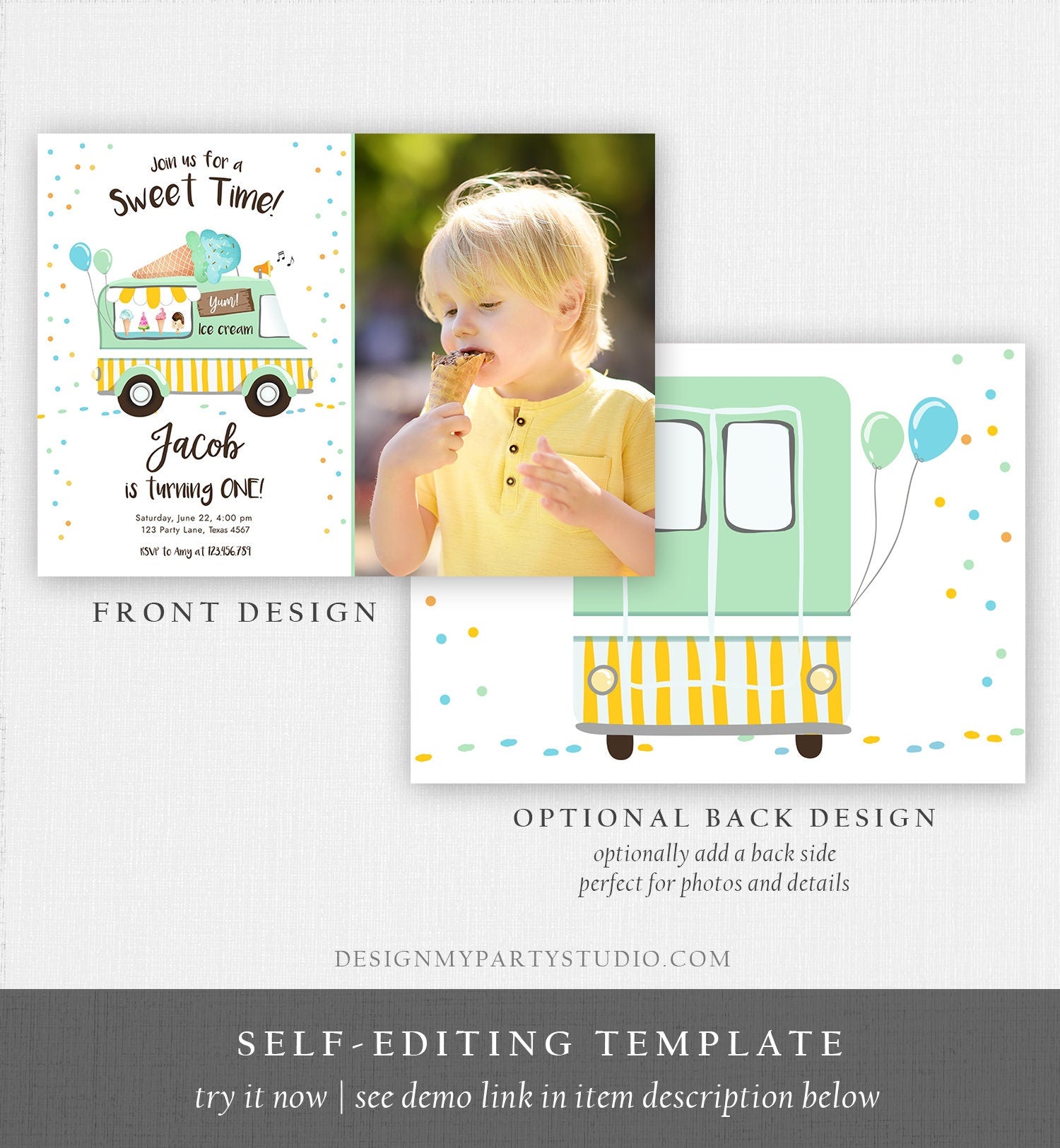 Editable Ice Cream Truck Birthday Invitation Ice Cream Birthday Party Cone Boy Girl Mint Yellow Summer Twin Corjl Template Printable 0243