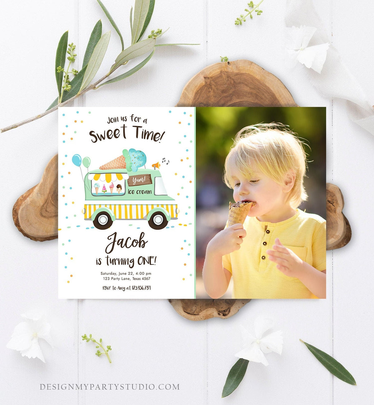 Editable Ice Cream Truck Birthday Invitation Ice Cream Birthday Party Cone Boy Girl Mint Yellow Summer Twin Corjl Template Printable 0243