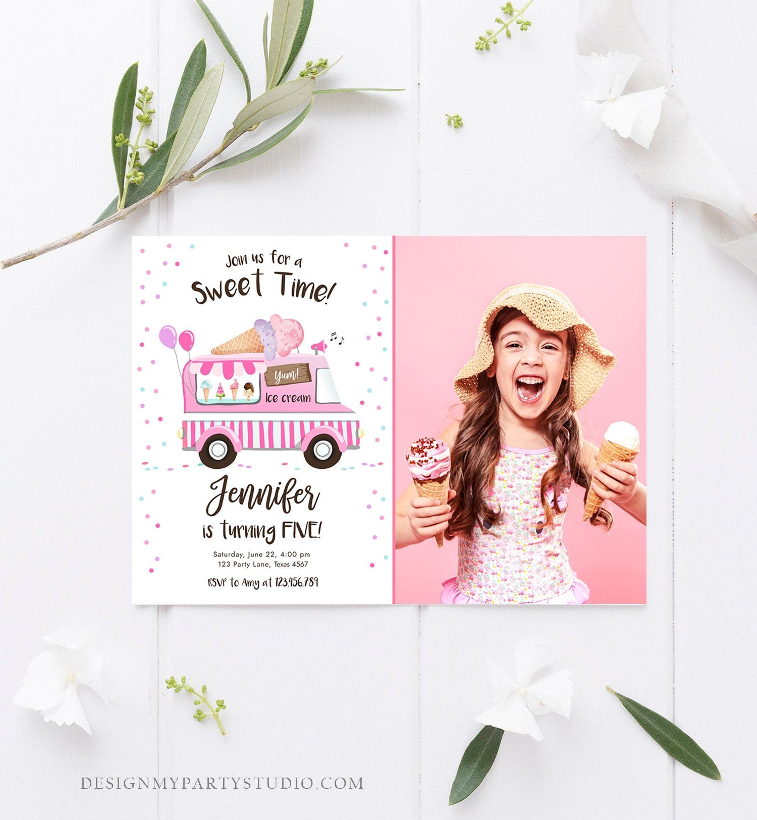 Editable Ice Cream Truck Birthday Invitation Ice Cream Birthday Party Cone Girl Pink Truck Sweet Summer Twin Corjl Template Printable 0243