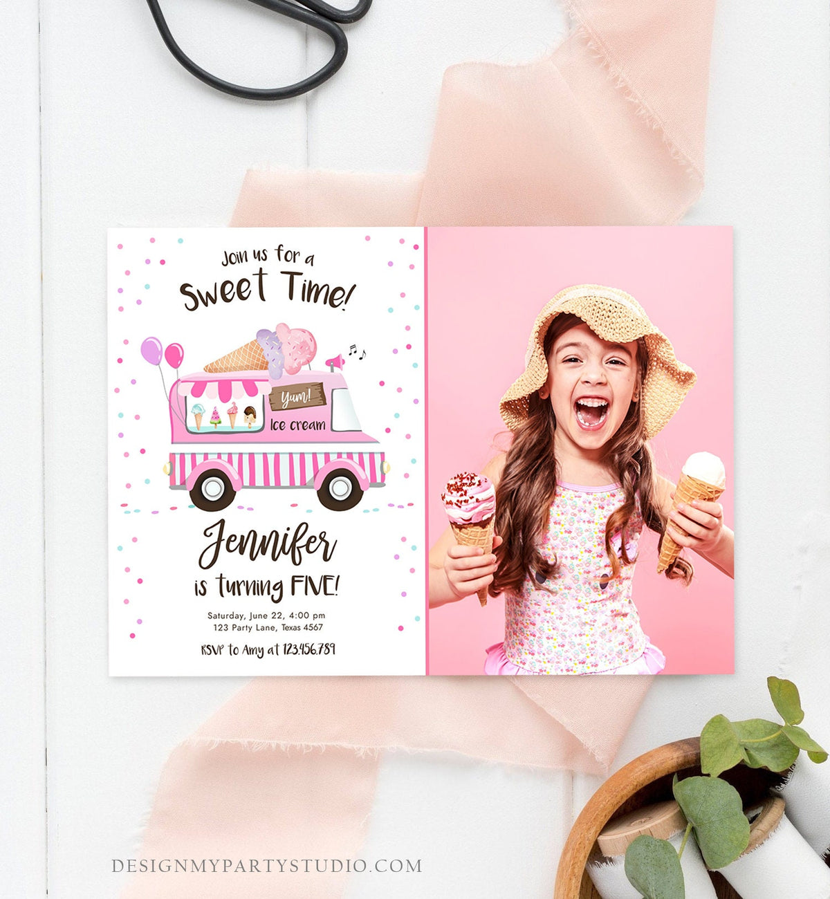 Editable Ice Cream Truck Birthday Invitation Ice Cream Birthday Party Cone Girl Pink Truck Sweet Summer Twin Corjl Template Printable 0243