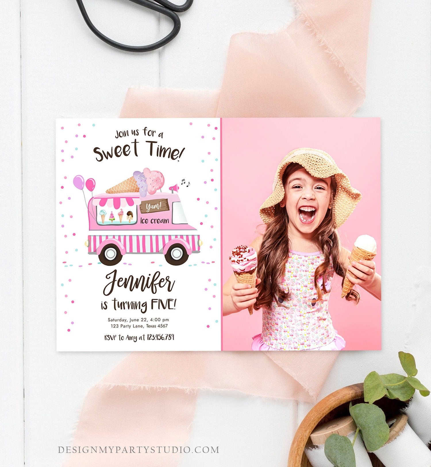Editable Ice Cream Truck Birthday Invitation Ice Cream Birthday Party Cone Girl Pink Truck Sweet Summer Twin Corjl Template Printable 0243